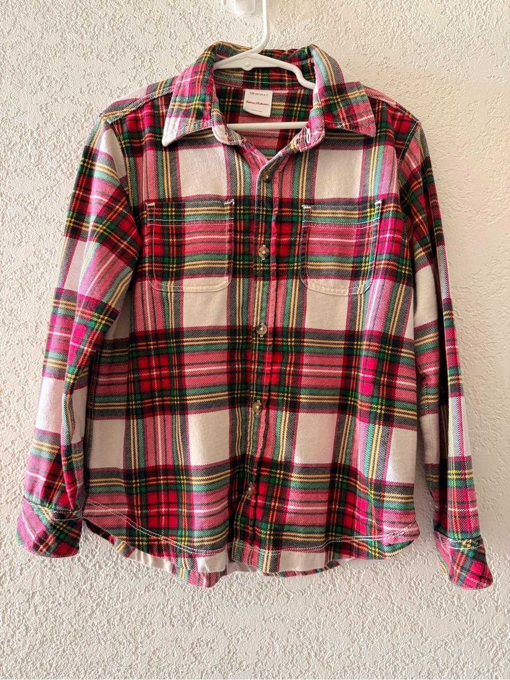 HANNA ANDERSON Tartan Plaid Button Down Red White Long Sleeve Shirt Boys Sz 6-7